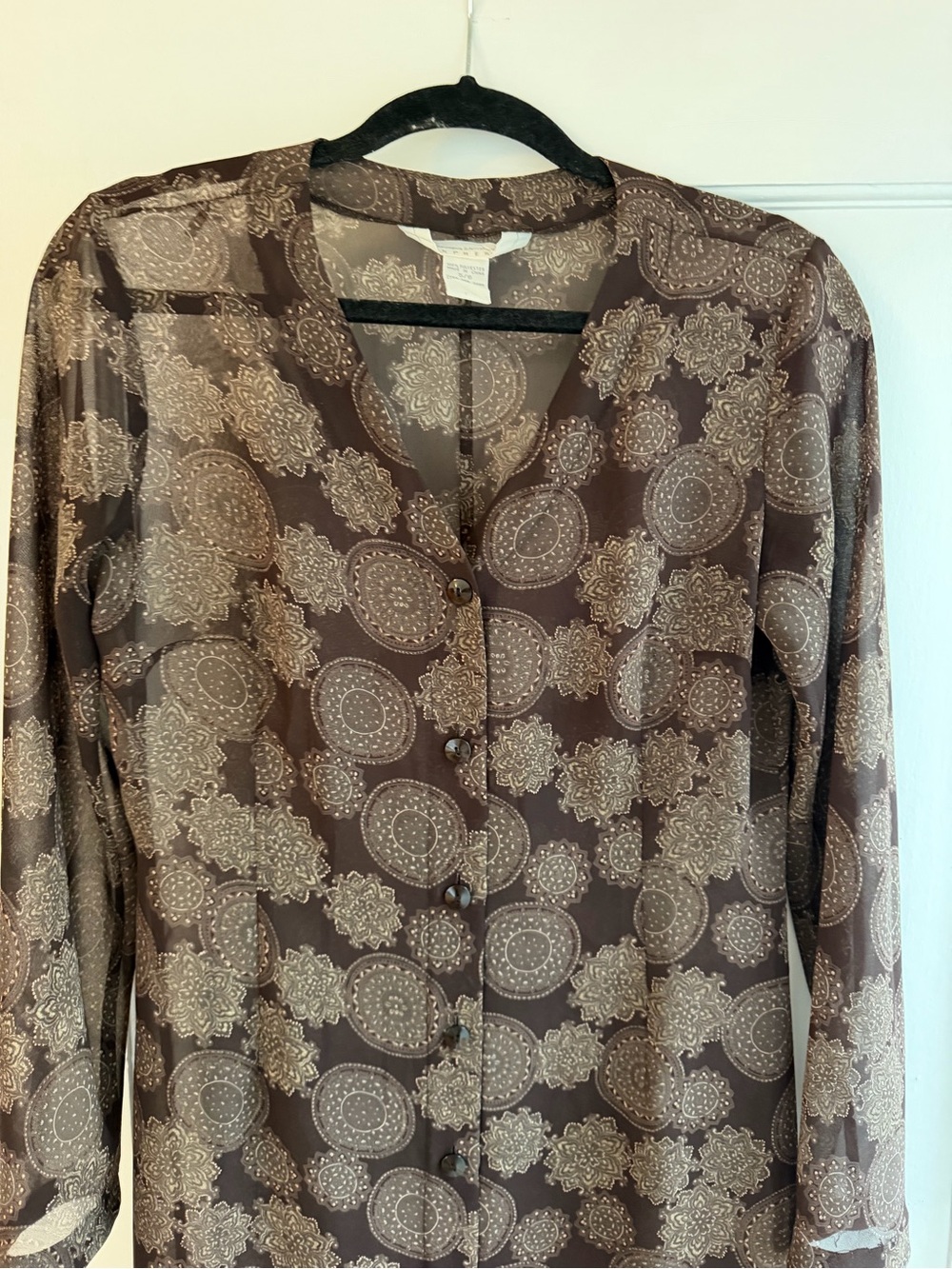 Vintage Brown Paisley Duster Long Sleeve Button-Front